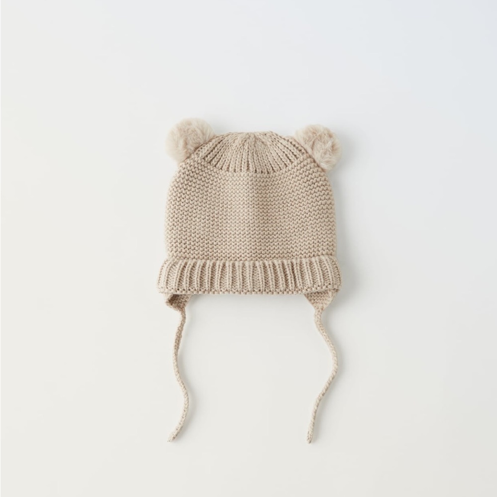 NWT Zara 1-3Y knit hat toque with faux fur ears taupe